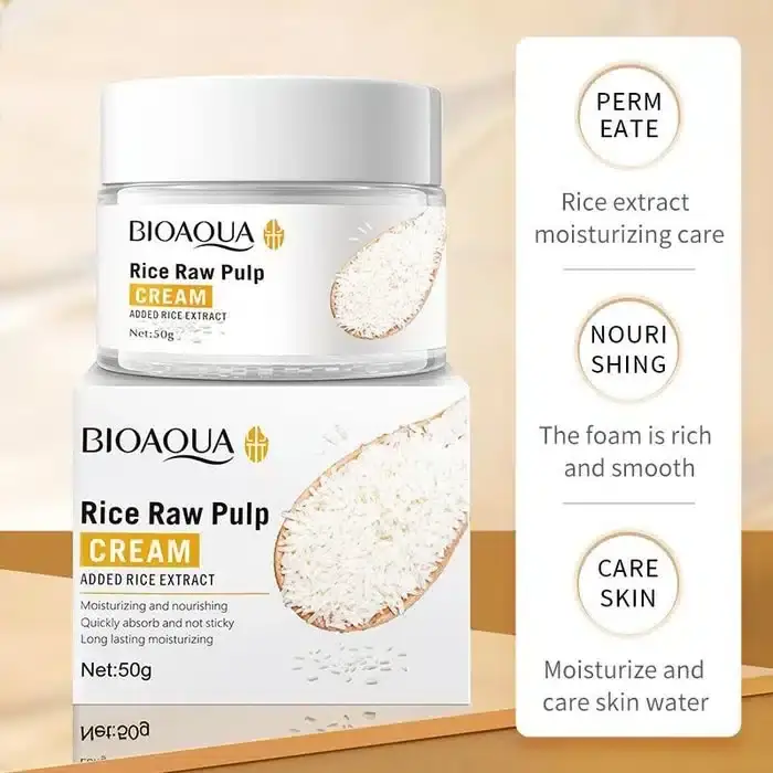 Creamy white Bioaqua Rice Raw Pulp Sunscreen texture squeezed onto a finger, with tube in background. - thumbnail