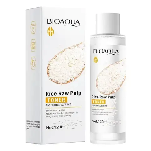 Bioaqua Rice Raw Pulp Toner 120ml, a white bottle with green cap standing upright.