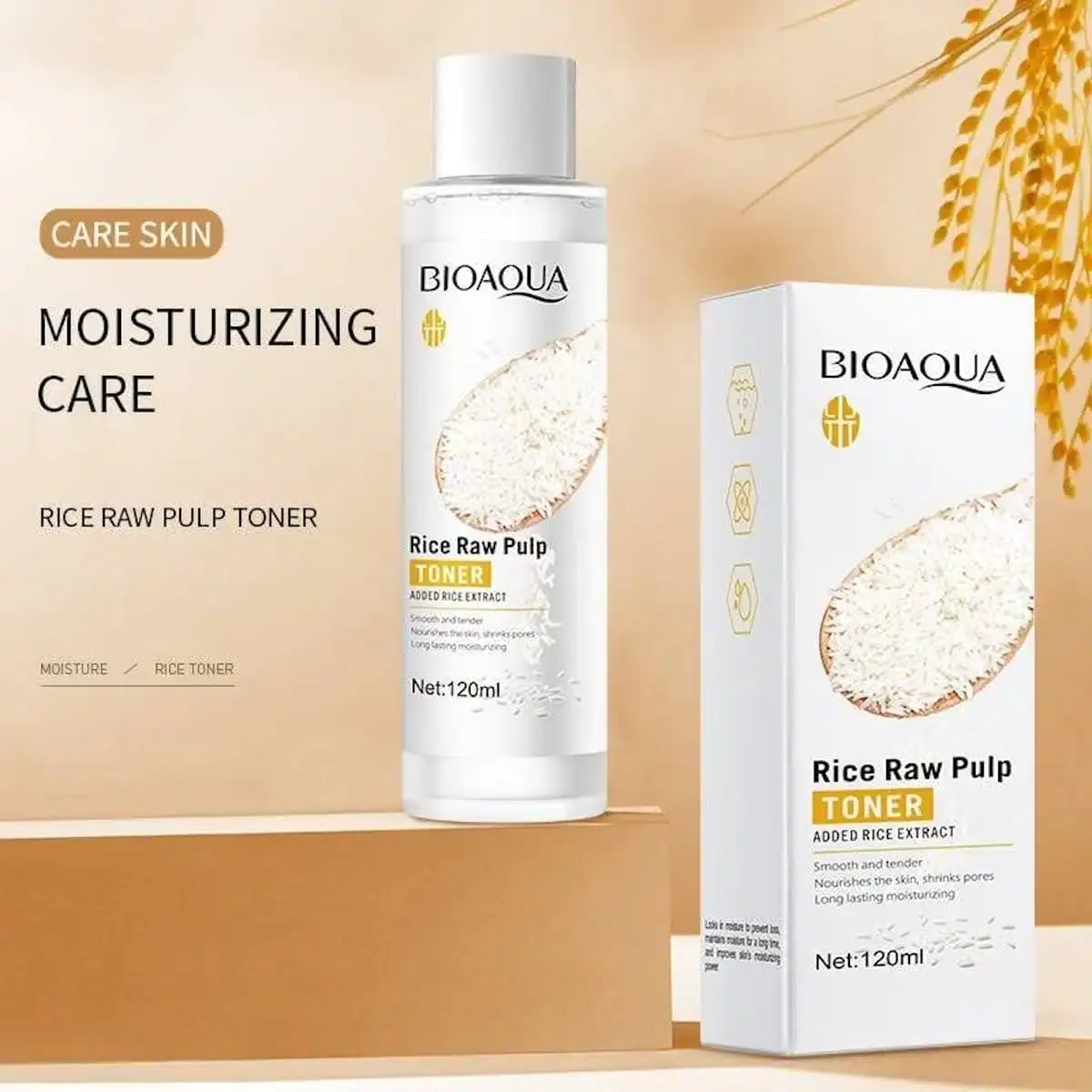 Bioaqua Rice Raw Pulp Toner bottle held by hand, showing white toner texture swatch on skin. - thumbnail