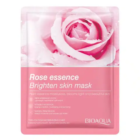Bioaqua Rose Essence Brighten Skin Sheet Mask in pink sachet with a vibrant rose design.