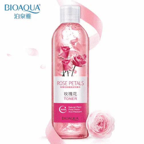 Bioaqua Rose Petal Face Water Toner in a transparent bottle with real rose petals suspended.