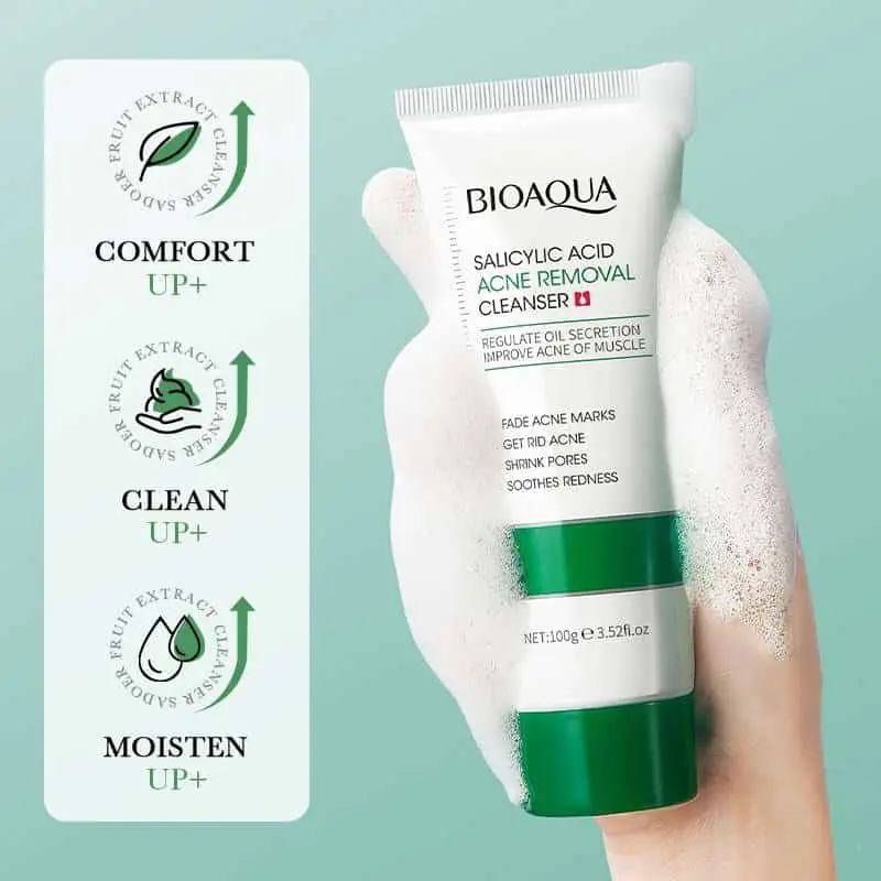 Bioaqua Salicylic Acid Acne Cleanser's purple cap and white tube texture close-up. - thumbnail