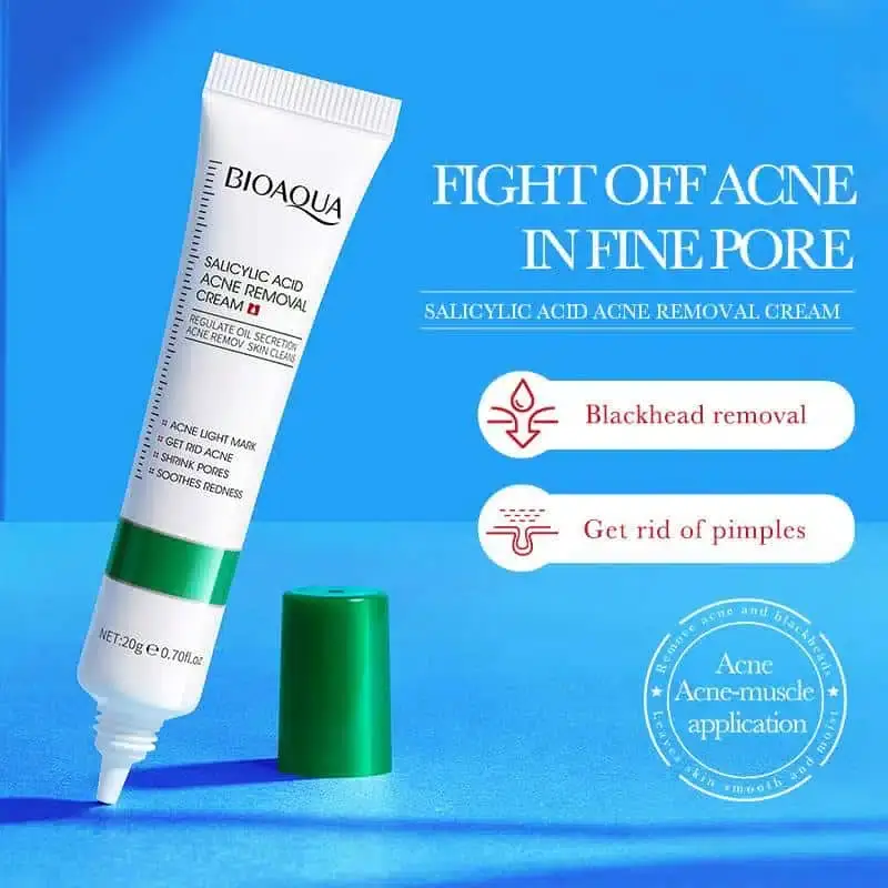 Bioaqua Salicylic Acid Acne Cream tube, white and blue, displayed at a diagonal angle. - thumbnail