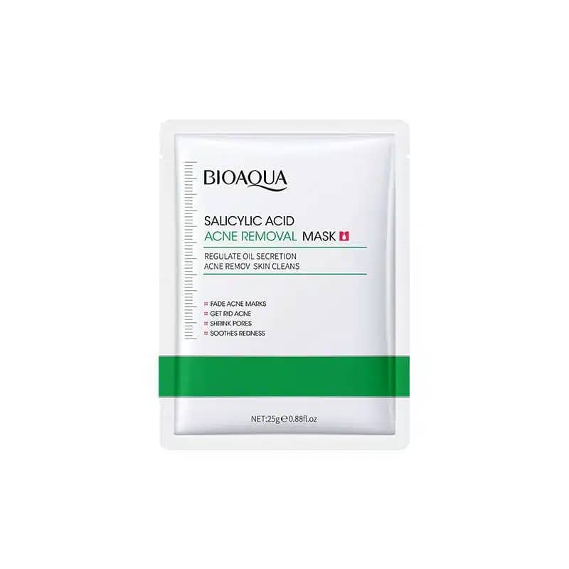 Bioaqua Salicylic Acid acne removal sheet mask sachet, front view with white and green packaging. - thumbnail