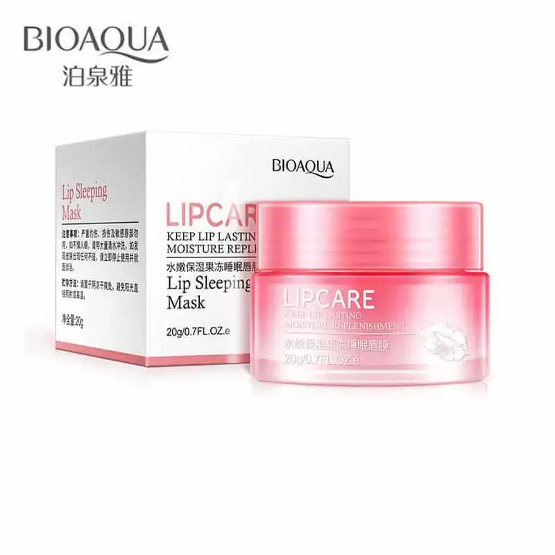 Bioaqua Strawberry Lip Care Sleeping Mask in its closed pink jar, clearly showing brand and product name. - thumbnail