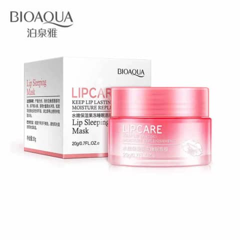 Bioaqua Strawberry Lip Care Sleeping Mask in its closed pink jar, clearly showing brand and product name.