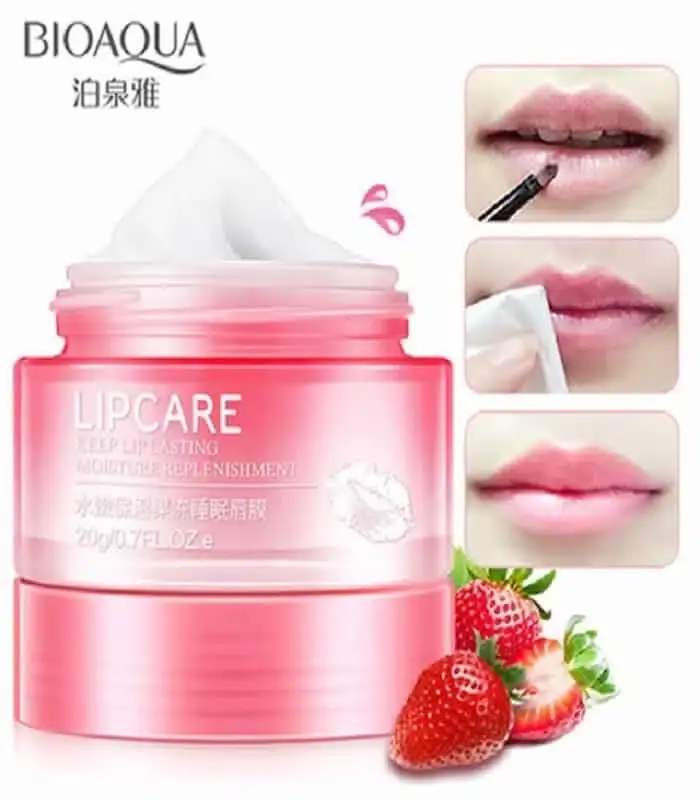 Open Bioaqua Strawberry Lip Sleeping Mask jar revealing the pink product texture with an applicator. - thumbnail