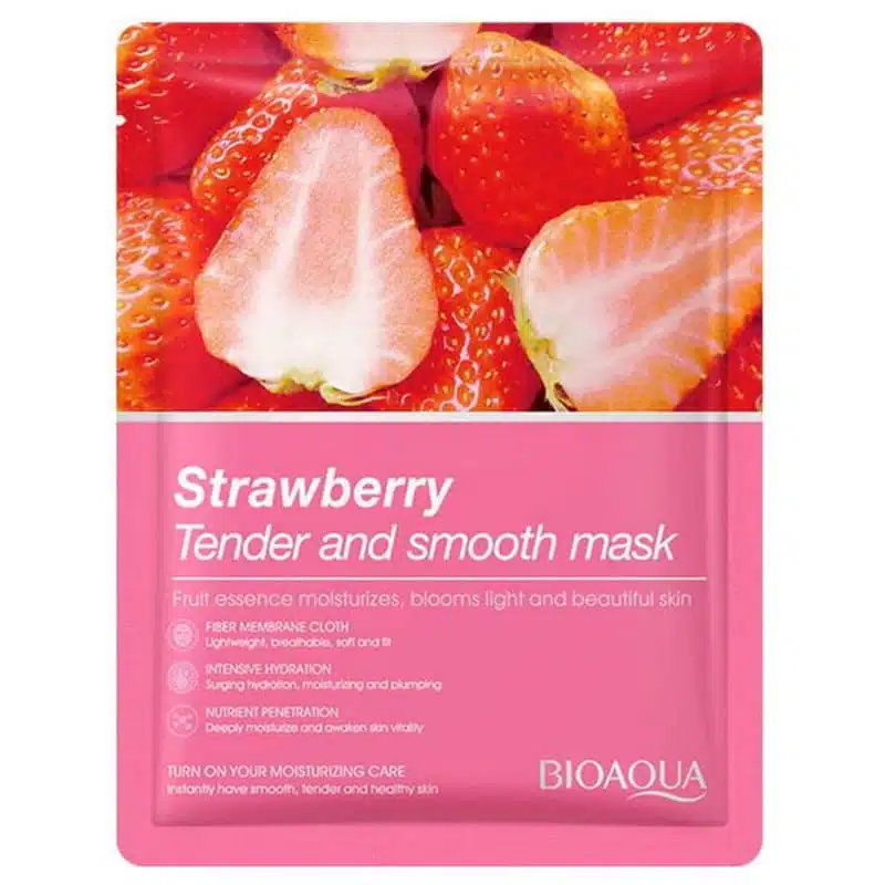 Front view of Bioaqua Strawberry Tender and Smooth Sheet Mask sachet with vibrant strawberry graphic. - thumbnail