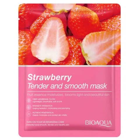 Front view of Bioaqua Strawberry Tender and Smooth Sheet Mask sachet with vibrant strawberry graphic.