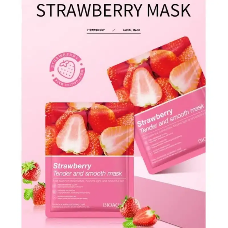 Three Bioaqua Strawberry Sheet Masks stacked, showcasing the vibrant pink packaging design. - thumbnail