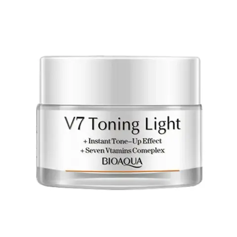 Bioaqua V7 Toning Light Cream white jar with gold lid, Korean skincare beauty product.