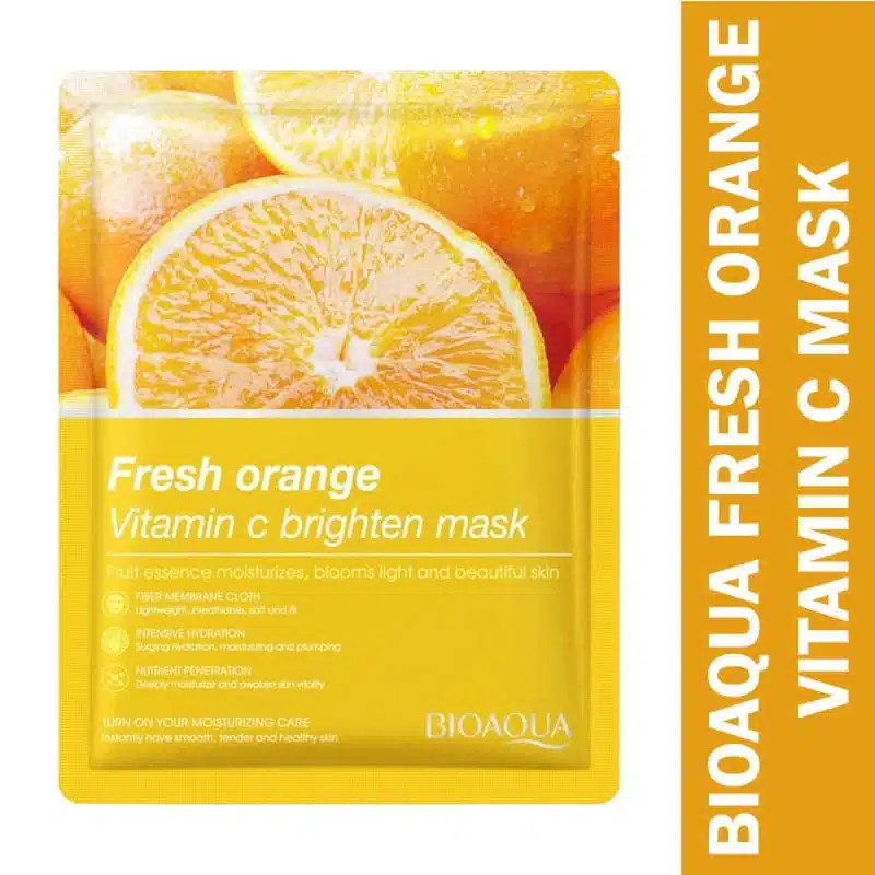 Bioaqua Vitamin C Brighten Sheet Mask in orange and yellow packaging, featuring an orange slice design. - thumbnail