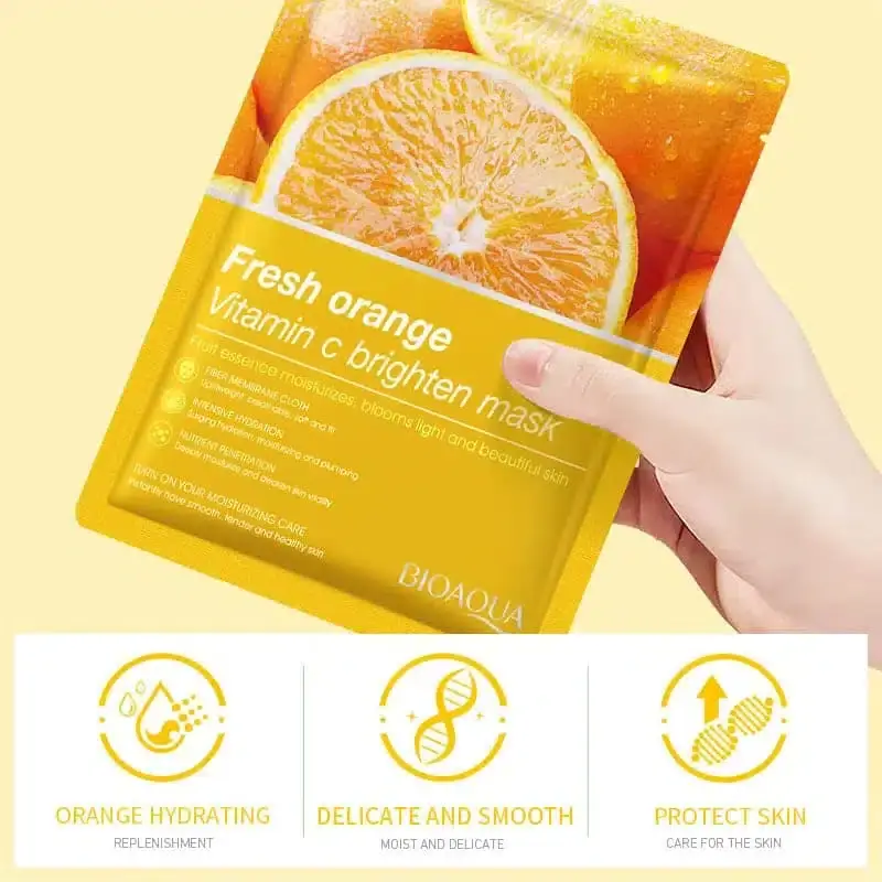 Stack of three Bioaqua Vitamin C Brighten Orange Sheet Masks, showing vibrant packaging. - thumbnail