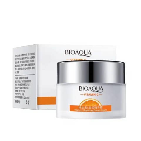 Bioaqua Vitamin C Moisturizing Essence Cream jar, open, revealing smooth white cream and texture on applicator.