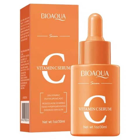 Bioaqua Vitamin C Serum 30ml in a clear glass bottle with orange liquid and white dropper.