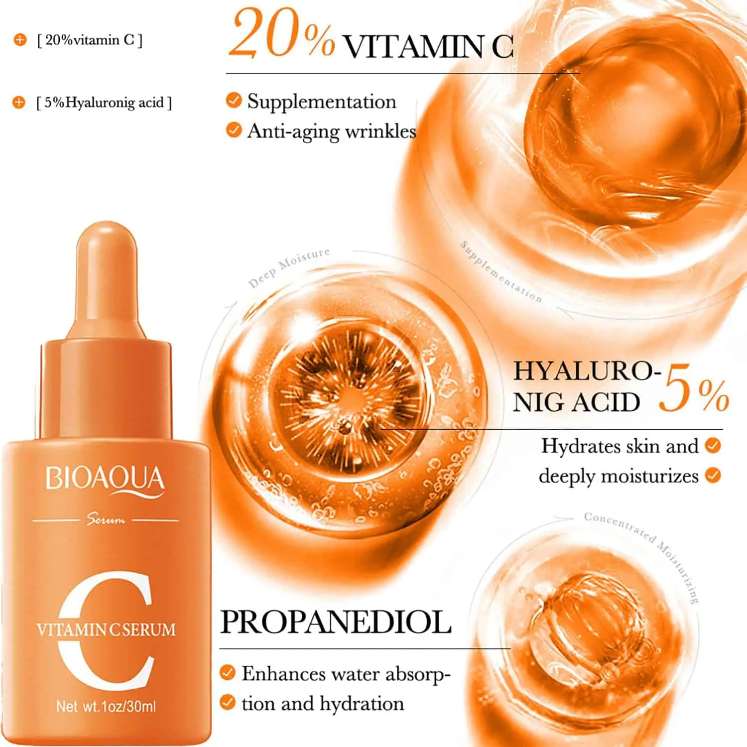 Close-up angled shot of Bioaqua Vitamin C Serum 30ml bottle, highlighting the label details. - thumbnail