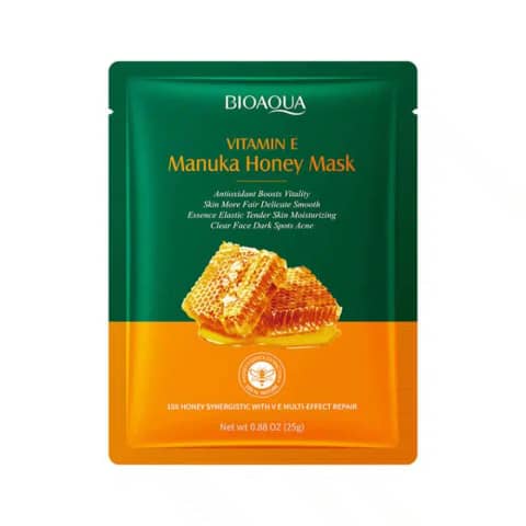 Two Bioaqua Vitamin E Honey Sheet Masks, bright golden packaging with honeycomb pattern.