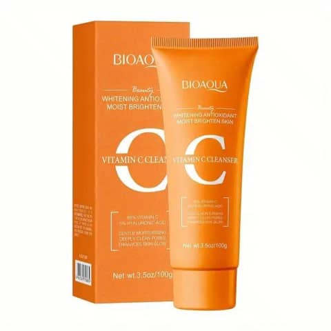 Upright Bioaqua Whitening Antioxidant Vitamin C Facial Cleanser 100g tube with orange cap.