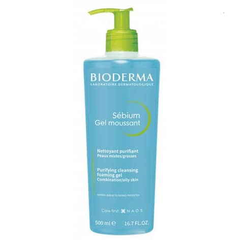 Bioderma Sebium Purifying Cleansing Foaming Gel 500ml in a clear blue bottle with green pump.