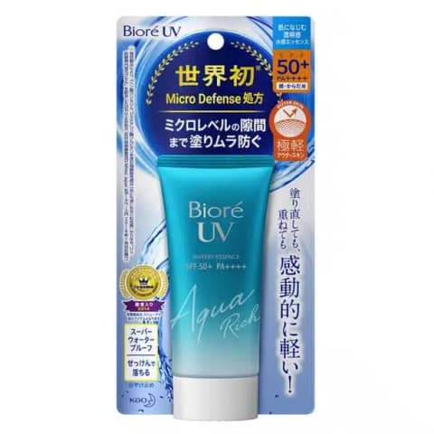 Biore UV Watery Essence SPF50+ PA+++ sunscreen in its iconic blue tube with white cap.