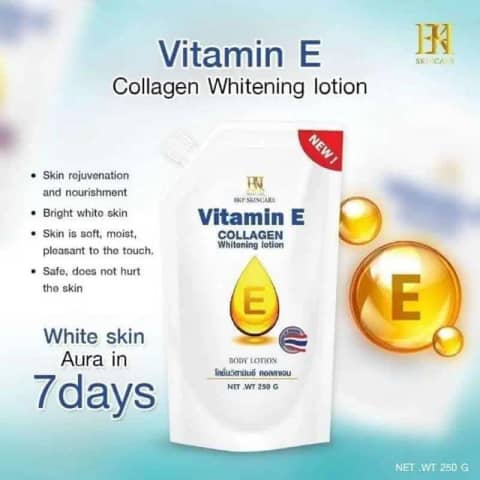 Aron BKP Vitamin E Collagen Whitening Body Lotion, 250g white pump bottle, front view.