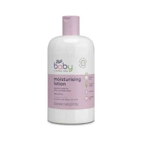 Boots Baby Moisturising Lotion 500ml in a white bottle with a pink pump dispenser.