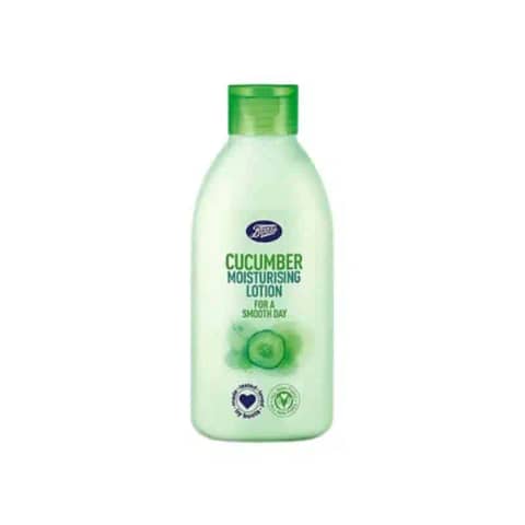 Boots Cucumber Moisturising Lotion 150ml white bottle, prominent green label and cap, standing upright.
