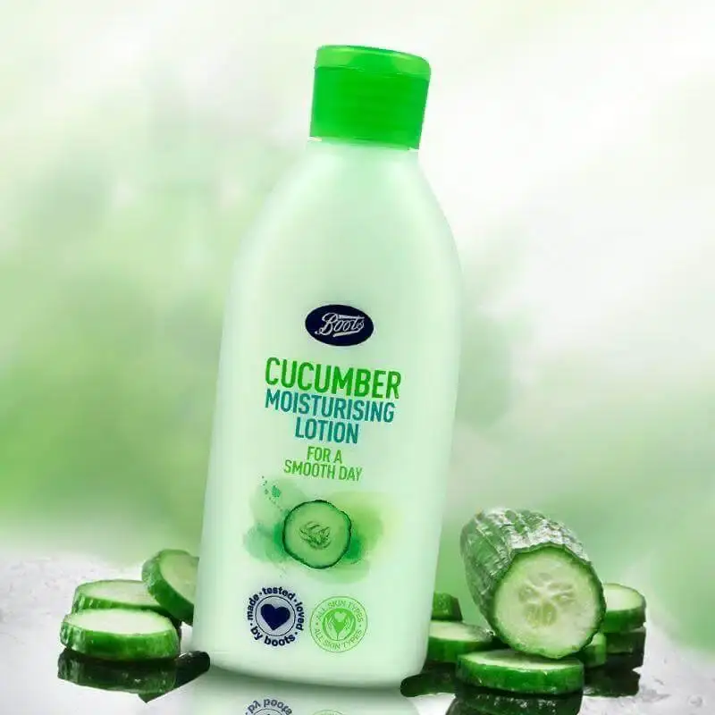 Two Boots Cucumber Moisturising Lotions, one upright, one lying displaying back label details. - thumbnail