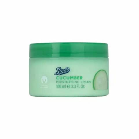 Boots Cucumber Moisturizing Cream 100ml, white jar with green lid, angled on white background.