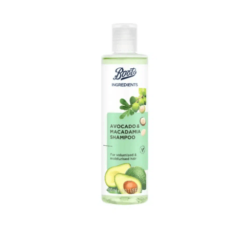 Boots Ingredients Avocado & Macadamia Shampoo, 300ml, vibrant green bottle with visible front label.