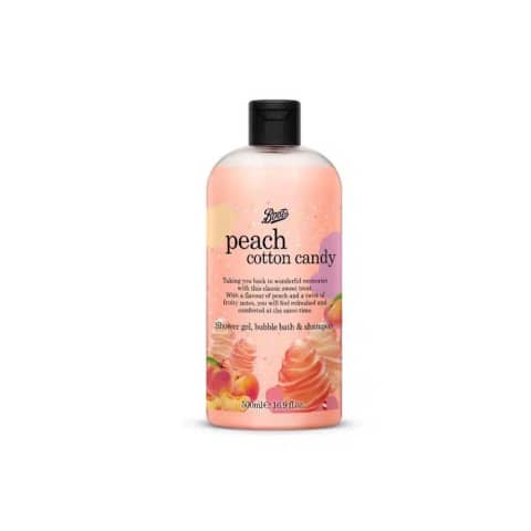 Boots Peach Cotton Candy 3in1 shower gel, pink liquid, clear bottle, white cap, 500ml.
