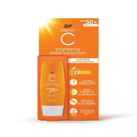 Boots Vitamin C Brightening Sheer Sunscreen SPF50+ PA++++, orange tube with white cap, front view.