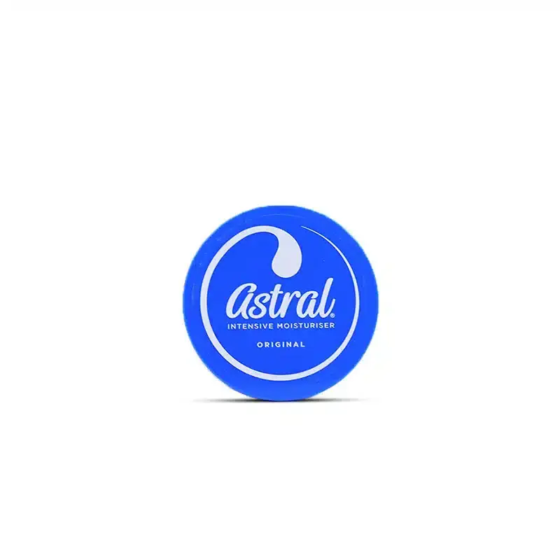 Elegant Astral skincare brand logo featuring stylized dark blue serif typography and a subtle star icon.