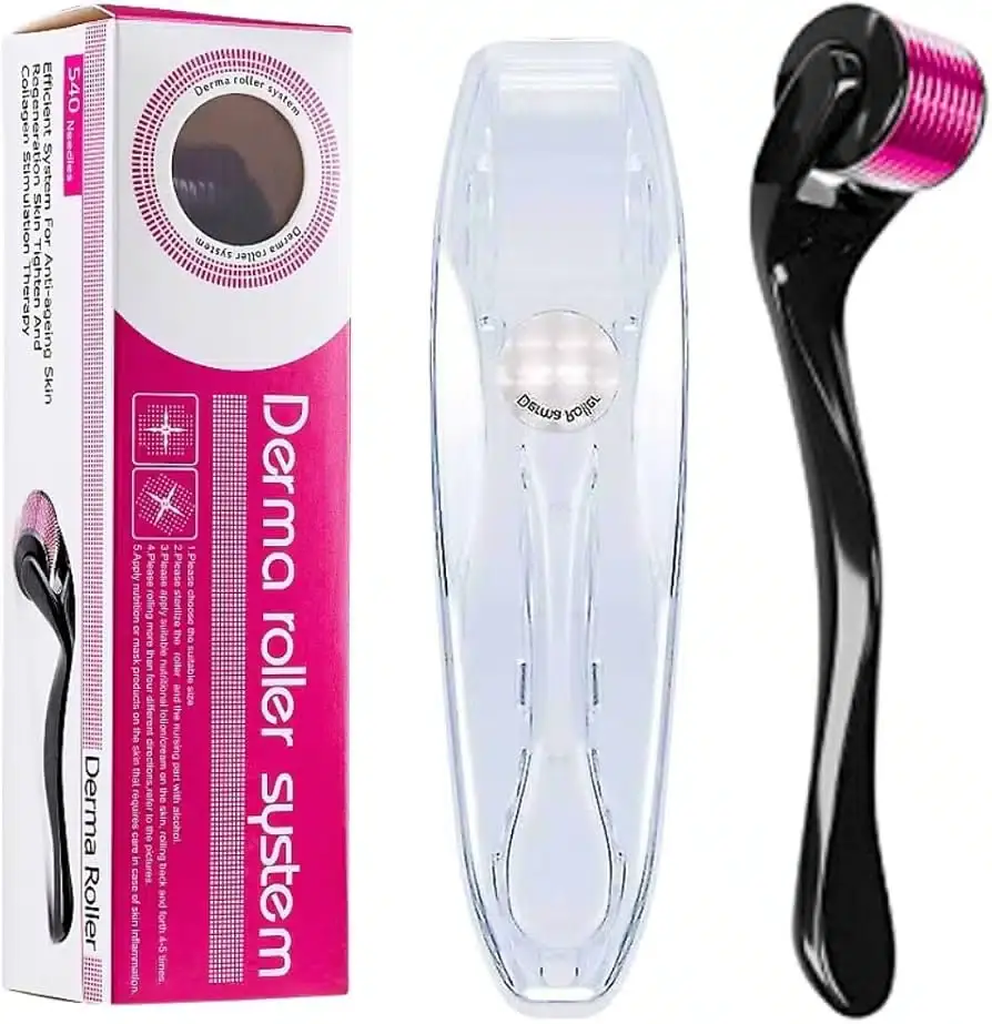 Derma Roller brand logo: dark blue circle, white text, and golden micro-needling icon.