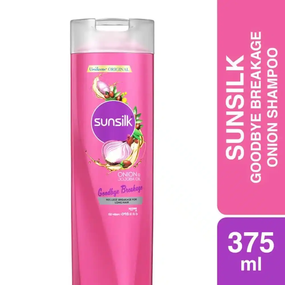 SUNSILK brand logo in shiny gold, featuring stylized, flowing text for global hair care.