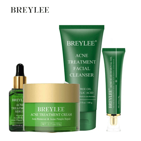 Breylee acne remover package featuring serum, cream, cleanser, and yellow removal gel bottles displayed.