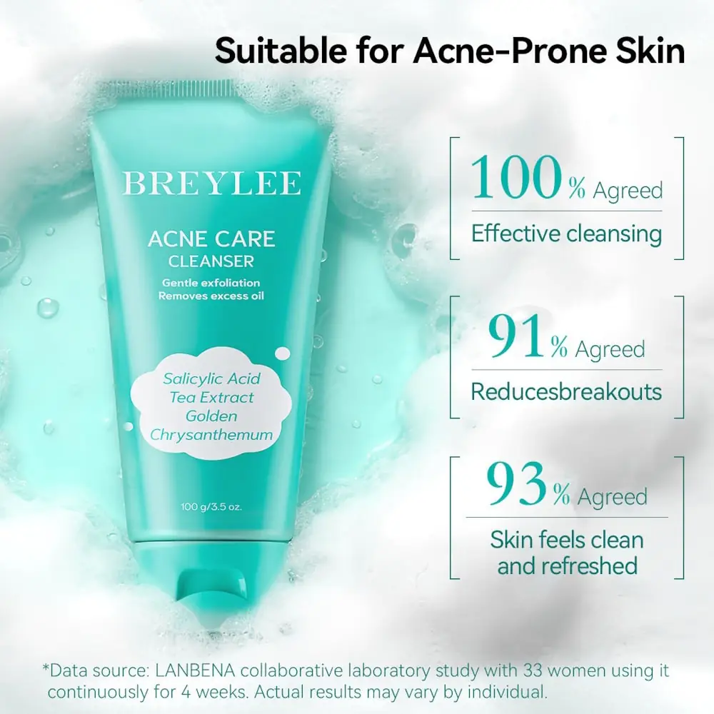 White creamy Breylee Acne Care Cleanser product squeezed onto a fingertip, showcasing its texture. - thumbnail