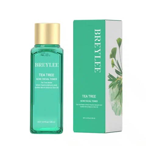Breylee Acne Treatment Facial Toner 100ml, clear green bottle, white cap, front view on white.
