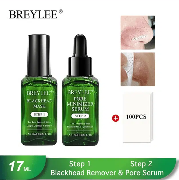 Breylee blackhead mask (black bottle with brush) and blue pore minimizer serum (dropper bottle).