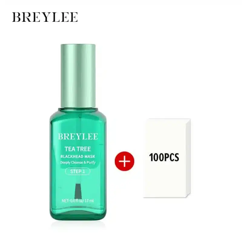 Breylee Tea Tree Blackhead Mask bottle with white pump dispensing clear serum against white background. - thumbnail