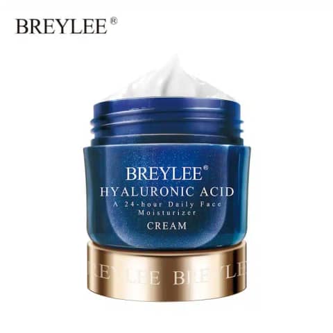 Breylee Hyaluronic Acid Face Cream 40g jar, white cap, blue label, front view on white background.