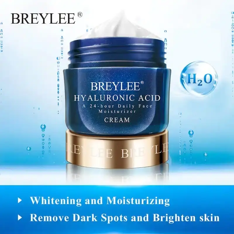 Open Breylee Hyaluronic Acid Face Cream jar revealing smooth white cream texture, cap alongside. - thumbnail