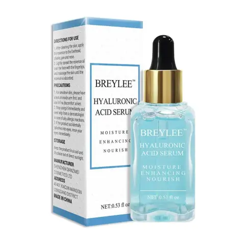 Breylee Hyaluronic Acid Serum dropper bottle, product box, and serum drops on a green leaf.