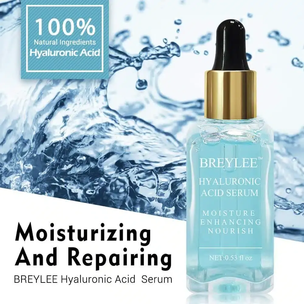 Close-up of Breylee Hyaluronic Acid Serum bottle and its white and blue packaging box. - thumbnail