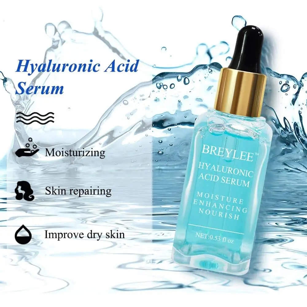 Angled view of Breylee Hyaluronic Acid Serum clear bottle with blue top and product box. - thumbnail