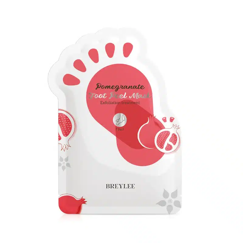 Breylee Pomegranate Foot Peel Mask 1 Pair retail box, vivid purple and white with fruit illustration. - thumbnail