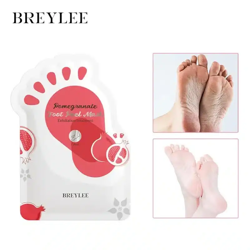 Breylee Pomegranate Foot Peel Mask contents: sealed pouch, open masks, and feet demonstrating peeling effect. - thumbnail