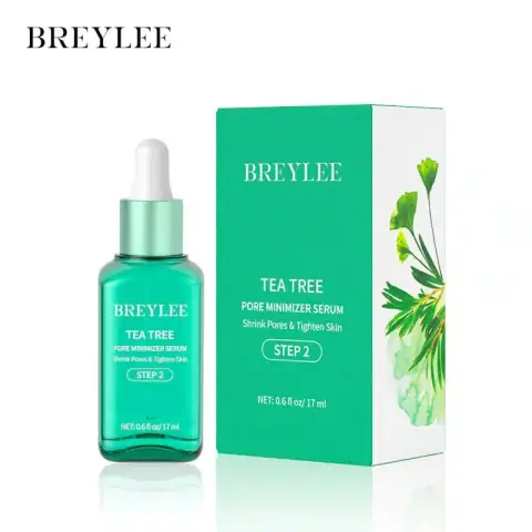 Breylee Pore Minimizer Serum Step 2 in a clear glass dropper bottle on a reflective white surface.