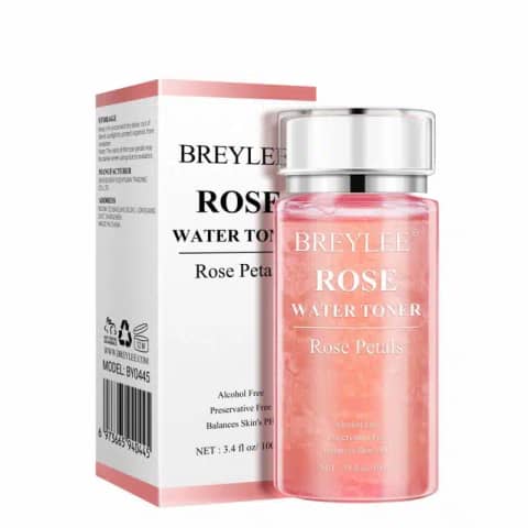 Full Breylee Rose Water Toner: clear bottle, pink liquid, white label, elegant rose design.