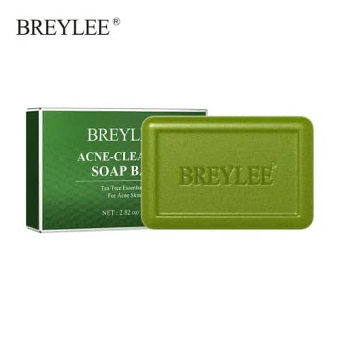 Breylee Tea Tree Acne Treatment Soap, green and white packaging box, front view with tea tree leaves.